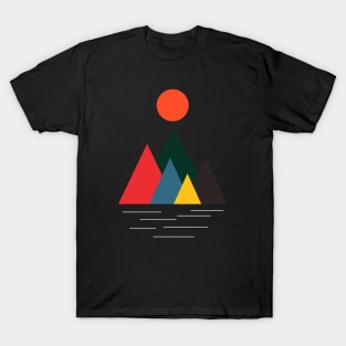 Minimalist Abstract Nature Art #48 Geometric, Linear, Colorful Mountains with Gentle Still Water T-Shirt